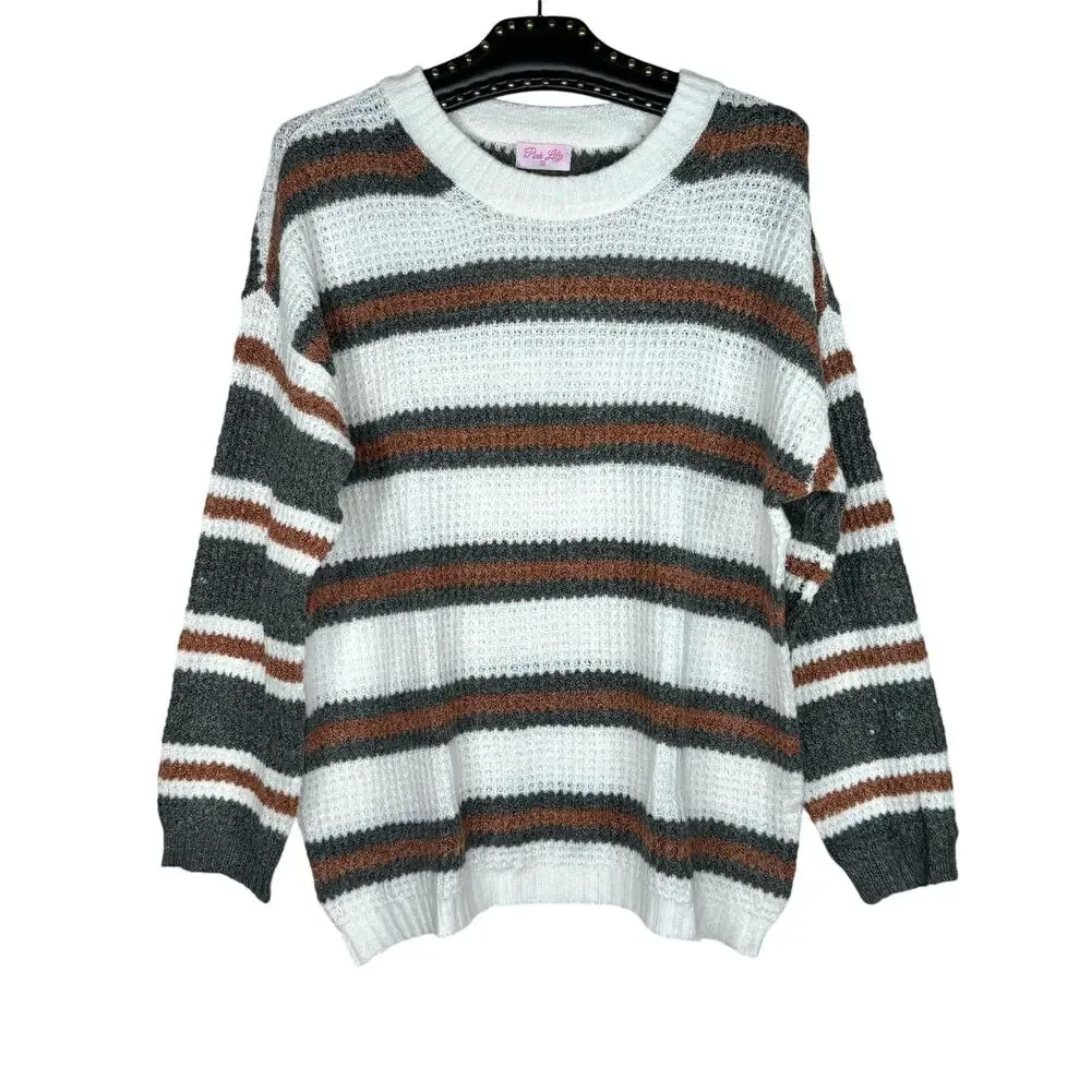 Pink Lily Striped Color Block Pullover Sweater Medium